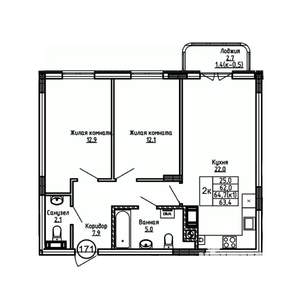 2-к квартира, вторичка, 63м2, 3/9 этаж