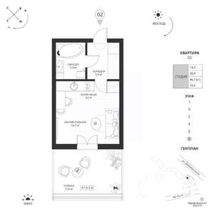 Студия квартира, вторичка, 36м2, 2/7 этаж