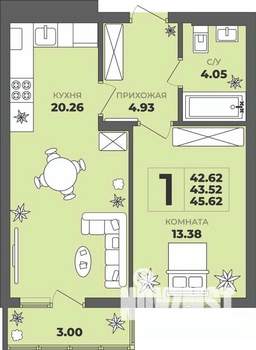1-к квартира, строящийся дом, 44м2, 4/8 этаж