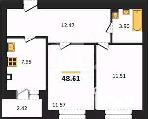 2-к квартира, вторичка, 49м2, 1/9 этаж