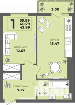 1-к квартира, строящийся дом, 41м2, 2/8 этаж