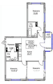 3-к квартира, вторичка, 80м2, 6/9 этаж