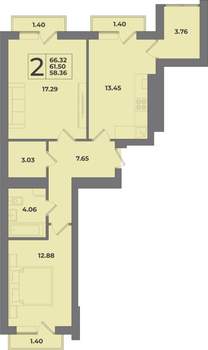 2-к квартира, вторичка, 66м2, 9/9 этаж