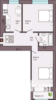 2-к квартира, строящийся дом, 55м2, 9/10 этаж