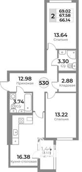 2-к квартира, вторичка, 68м2, 6/10 этаж