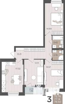 3-к квартира, строящийся дом, 77м2, 9/9 этаж