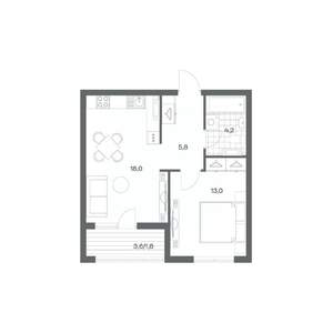 1-к квартира, строящийся дом, 43м2, 6/18 этаж