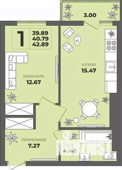 1-к квартира, строящийся дом, 41м2, 5/8 этаж