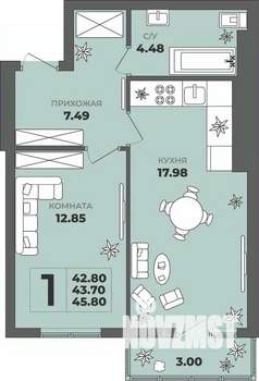 1-к квартира, строящийся дом, 44м2, 4/8 этаж