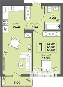 1-к квартира, строящийся дом, 44м2, 4/8 этаж