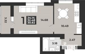 1-к квартира, строящийся дом, 34м2, 7/9 этаж