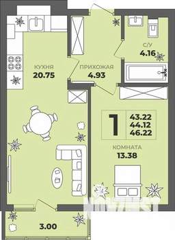 1-к квартира, строящийся дом, 44м2, 1/8 этаж