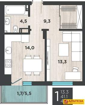 1-к квартира, сданный дом, 43м2, 7/8 этаж