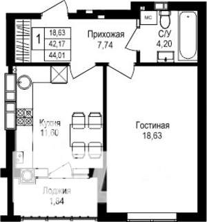 1-к квартира, вторичка, 44м2, 5/8 этаж