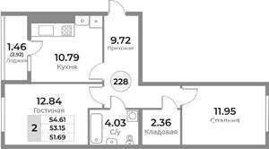 2-к квартира, вторичка, 53м2, 2/10 этаж
