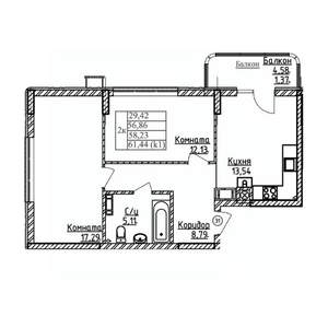 2-к квартира, строящийся дом, 58м2, 8/9 этаж