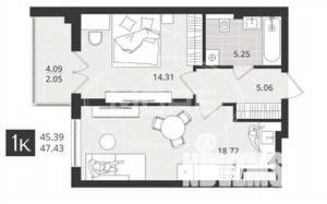 1-к квартира, вторичка, 47м2, 4/4 этаж