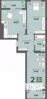 2-к квартира, строящийся дом, 63м2, 3/8 этаж