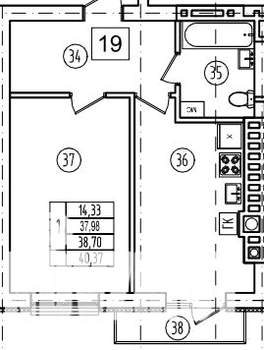 1-к квартира, строящийся дом, 39м2, 3/9 этаж