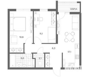 2-к квартира, строящийся дом, 59м2, 4/18 этаж