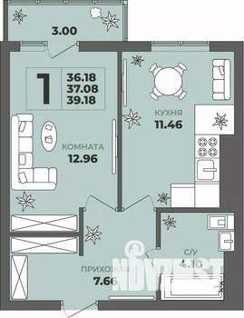 1-к квартира, строящийся дом, 37м2, 7/8 этаж