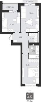 2-к квартира, вторичка, 56м2, 9/9 этаж