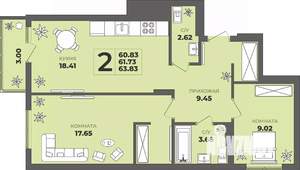 2-к квартира, строящийся дом, 62м2, 6/8 этаж