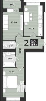 2-к квартира, строящийся дом, 52м2, 1/9 этаж
