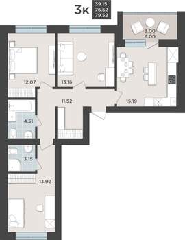 3-к квартира, строящийся дом, 77м2, 5/9 этаж