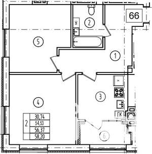 2-к квартира, строящийся дом, 56м2, 1/9 этаж