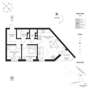 2-к квартира, вторичка, 60м2, 5/7 этаж