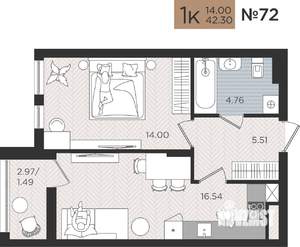 1-к квартира, вторичка, 42м2, 4/10 этаж