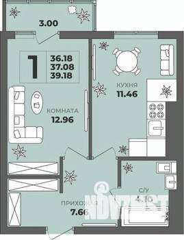 1-к квартира, строящийся дом, 37м2, 7/8 этаж