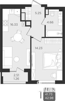 1-к квартира, строящийся дом, 42м2, 1/9 этаж