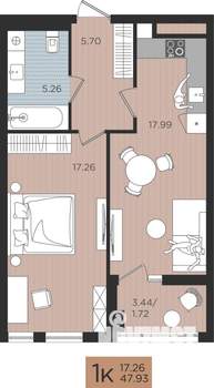 1-к квартира, вторичка, 48м2, 6/10 этаж