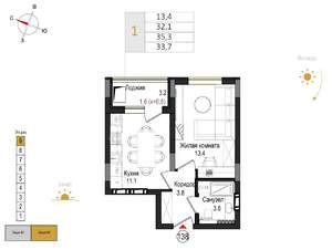 1-к квартира, вторичка, 34м2, 9/9 этаж