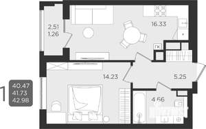 1-к квартира, строящийся дом, 42м2, 1/9 этаж