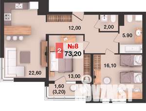 2-к квартира, вторичка, 73м2, 3/15 этаж