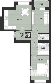 2-к квартира, вторичка, 59м2, 2/9 этаж