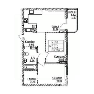 2-к квартира, строящийся дом, 56м2, 7/9 этаж