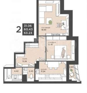 2-к квартира, вторичка, 65м2, 23/25 этаж