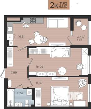 2-к квартира, вторичка, 62м2, 2/10 этаж