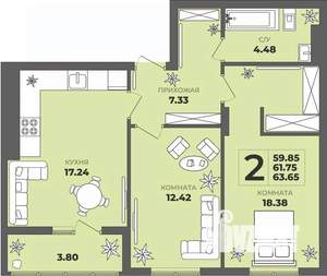 2-к квартира, вторичка, 62м2, 8/8 этаж