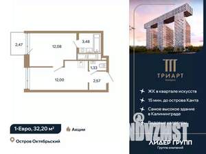 1-к квартира, вторичка, 32м2, 4/12 этаж