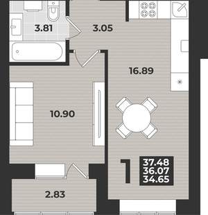 1-к квартира, вторичка, 37м2, 2/9 этаж