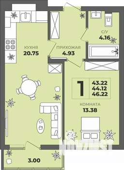 1-к квартира, вторичка, 44м2, 2/8 этаж