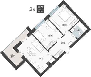2-к квартира, строящийся дом, 62м2, 4/10 этаж