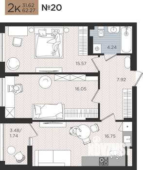2-к квартира, строящийся дом, 62м2, 4/10 этаж