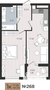 1-к квартира, вторичка, 48м2, 5/10 этаж