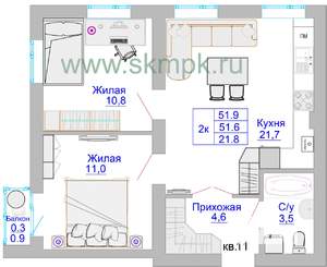 2-к квартира, строящийся дом, 52м2, 3/8 этаж